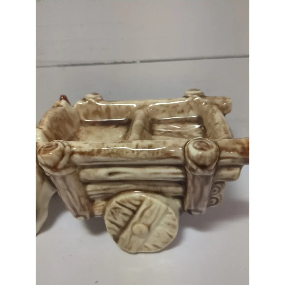 Retro Vintage 50s Kitsch Cow Pulling Cart Ceramic Candy Dish Trinket 10.5